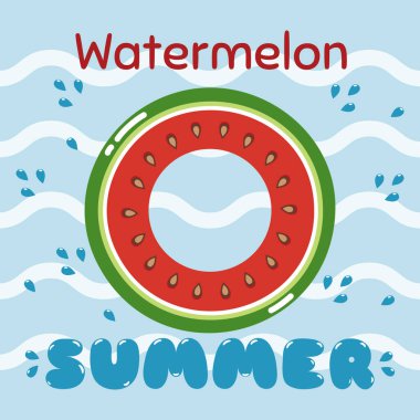 Su Sıçratma ve Merhaba Yaz Metni ile Havuzda Karpuz Şişirilebilir Halkası. Karpuzlu komik bir sosyal medya afişi. Vektör illüstrasyonu.