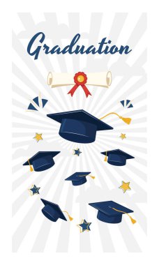Graduation Caps, Hats and Diploma with Stars on Light Radial Background. Vertical Format for Social Media Story Template. Graduation Celebration Concept for Card, Banner, and Invitation