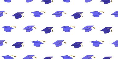 Mezuniyet Şapkalı Kusursuz Desen. Akademik Kaptan geçmişi. Duvar kâğıdı ve baskı tasarımı için eğitim ve okul mezuniyeti kavramı. Vektör İllüstrasyonu.