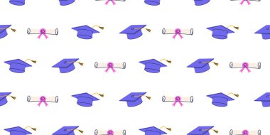 Mor Mezuniyet Şapkaları ve Beyaz Arkaplanda Ayarlanmış Diplomaları olan Kusursuz Şablon. Duvar kağıdı ve baskı için mezuniyet ve eğitim kavramı.