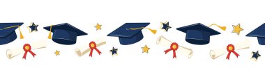 Diplomalı ve yıldızlı mezuniyet şapkası. Yatay Kusursuz Sınır. Afiş ve Davet İçin Banner Eğitim Kutlama Konsepti. Vektör İllüstrasyonu. 