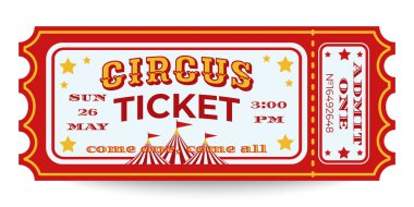 Eski sirk bileti. Kırmızı Sınır, Sarı Yıldızlar ve Çizgili Çadır Grafikli Sirk giriş bileti. Klasik Tarzlı Klasik Tasarım, Saat ve Bilet Numarası. Vektör İllüstrasyonu 