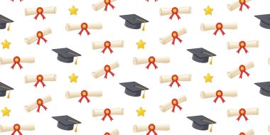 Mezuniyet şapkaları, kırmızı kurdelelerle bağlanmış diplomaları ve beyaz arka planda altın yıldızları olan kusursuz bir desen. Eğitim ve akademik başarı kavramı. Duvar kağıdı ve poster tasarımı.