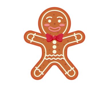 Kremalı zencefilli kurabiye ve beyaz arka planda kırmızı papyon. Vektör çizimi. Noel ve kış tatili konsepti. Tebrik kartı ve poster tasarımı.