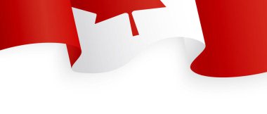 Kırmızı akçaağaç yaprağıyla beyaz ve kırmızı arka planda Kanada bayrağı sallıyordu. Kanada Şükran Günü tatili. Afiş, poster, kartpostal için vatansever illüstrasyon. Vektör illüstrasyonu.