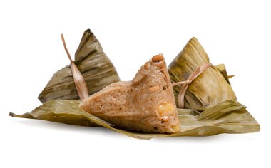 Isolated Zongzi, rice dumpling. Top view Chinese food rice dumpling, zongzi on white background. Rice dumpling for Chinese traditional Dragon with clipping paths.