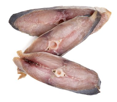 Isolated top view fresh Pacific king mackerels. Slices three of tasty salted mackerel and parsley isolated on white background. with clipping path. clipart