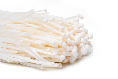 İzole edilmiş Enoki mantarı, beyaz arka planda altın iğneli mantar. kırpma yolları ile.