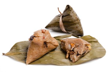 Isolated Zongzi, rice dumpling. Top view Chinese food rice dumpling, zongzi on white background. Rice dumpling for Chinese traditional Dragon with clipping paths.