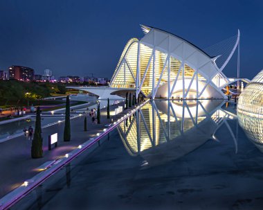 Valencia, İspanya 27 Mayıs 2023. Bilim müzesinin resmi, sanat ve bilim şehrinin bir parçası. Etrafındaki sudaki yansımalar. Gece baş satırlar.