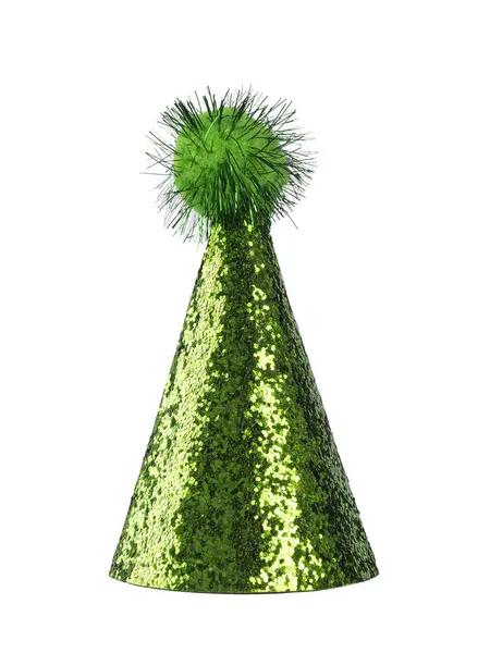 Realistisk Grön Glitter Fest Hatt Med Pompon Toppen Isolerad Vit Stockbild