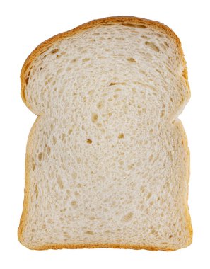 Beyaz arka planda izole edilmiş beyaz ekmek diliminden üst görünüm.