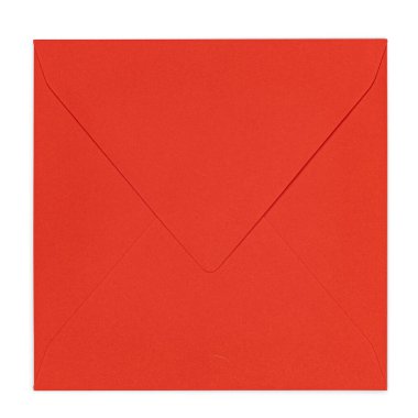 Kare kırmızı zarfın en üst görüntüsü. Beyaz bir arkaplanda izole edilmiş.