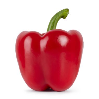Kırmızı dolma biber ayakta duruyor. Beyaz bir arkaplanda izole edilmiş
