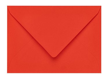 Dikdörtgen kırmızı zarfın arkasının üst görüntüsü. Beyaz bir arkaplanda izole edilmiş.