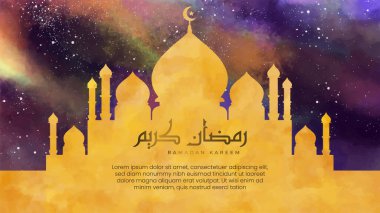 Beautiful golden mosque watercolor vector illustration with Arabic font and a galaxy background. Islamic banner with abstract and colorful mosque