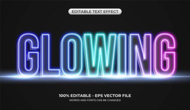 Gerçekçi gökkuşağı parıltısı metin efekti. Düzenlenebilir parlak neon metin efekti yerde duruyor