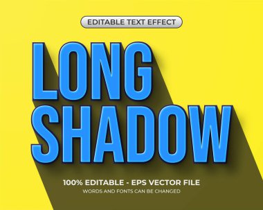 3D Long Shadow metin efekti. Sarı arkaplanda gerçekçi gölgesi olan düzenlenebilir mavi metin efekti