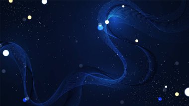 Soyut eğimli dalgalı arkaplan. Parıltılı parçacıklarla dolu fraktal çizgiler. Mavi gradyan arkaplanda yaratıcı dijital spektrum kavramı