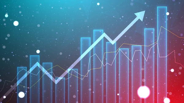 业务增长图以条形图静态向上箭头说明 成功的蓝色背景财务图形 股票市场的未来技术增长方式 — 图库矢量图片