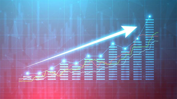 业务增长图以条形图静态向上箭头说明 成功的蓝色背景财务图形 股票市场的未来技术增长方式 — 图库矢量图片