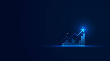 Işıldayan çubuk grafiği statik ve yukarı ok ile iş büyüyen duvar kağıdı. Fütürist teknoloji tarzında borsa büyümesi. Karanlık arka planda başarılı finansal gelişmenin grafiği