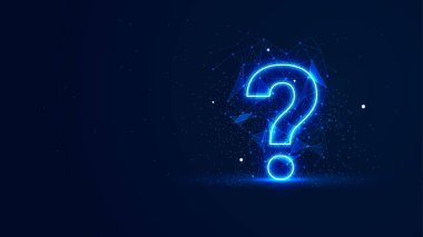 Pleksus çizgileri ve sim parçacıkları olan fütürist parlak soru işareti. Neon ışık tarzında bir soru işareti. Gece görüşünde üç boyutlu kopyalama alanı. Dijital teknoloji arka planı