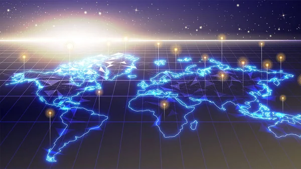 未来派发光的世界地图网络连接 蓝地图全息图用直销显示 数字神经网络概念 三维大数据流技术 世界数据分析背景 — 图库矢量图片