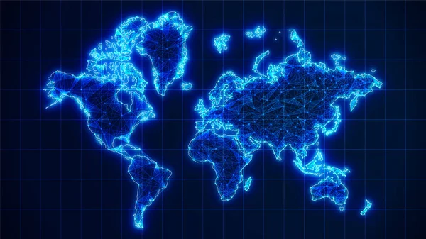 Futuristische Gloeiende Wereldkaart Netwerkverbinding Blauwe Aarde Kaart Achtergrond Met Plexus — Stockvector