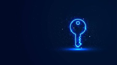 Pleksus çizgileri ve sim parçacıkları olan parlak, fütürist bir anahtar sembolü. Neon ışık tarzında bir anahtar. Başarı kavramı. Dijital teknoloji arka planı