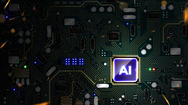 PCB panosunda altın devreli ve elektronik bileşenleri olan yapay zeka yonga işlemcisi. Ana kartı olan gelecekteki yapay zeka işlemcisi. Dijital teknoloji çizim kavramları