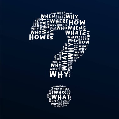 5W 1H kelime bulutu kavramları. Ne, ne zaman, nerede, kim, neden ve kelimelerin nasıl soru işareti oluşturduğunun göstergesi.