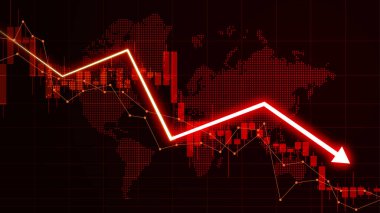 Borsa kayıplarının bir yansıması. İflas etmiş finansal bilgi kavramı ve aşağı bakan oklar. Alçalan ticaret grafiği