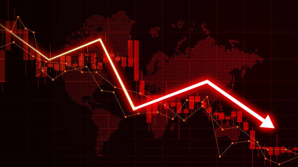 Illustration of stock market losses. Bankrupt financial information concept with arrows pointing down. Descending trading graph