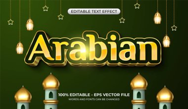 3D Arap altını metin efekti. Düzenlenebilir İslami yazı efekti. Minare ve Arap fenerleriyle İslami kutlama kavramı