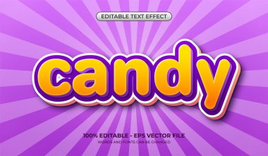 3D Candy metin efekti. Düzenlenebilir neşeli çocuklar, çizgi film efekti, arka planda güneş patlaması.