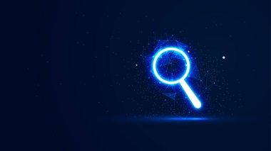 Pleksus çizgileri ve sim parçacıkları olan fütürist bir büyüteç. Neon ışık tarzında fikir arama ve tarama illüstrasyonu. Dijital teknoloji çizimi