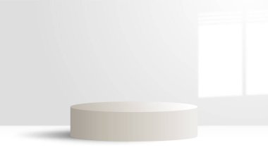 Beyaz arka planda pencere gölgesi olan estetik beyaz silindirik podyum. Temiz ürün sahne görüntüsü