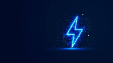 Pleksus çizgileri ve sim parçacıkları olan fütürist parlak gök gürültüsü. Neon ışık tarzındaki yıldırım. Dijital teknoloji arka planı