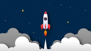 Uçan bir roketin düz çizimi. Girişim konsepti. Artan mali ve ekonomik başarı süreci