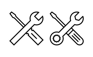 Web ve mobil uygulama için simge vektörünü onar. araç işareti ve sembol. Simge ayarlanıyor. İngiliz anahtarı ve tornavida. Servis