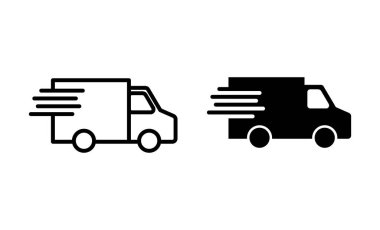 Teslimat kamyonu simgeleri ayarlandı. Teslimat kamyonu işareti ve sembol. Hızlı dağıtım simgesi gönderiliyor