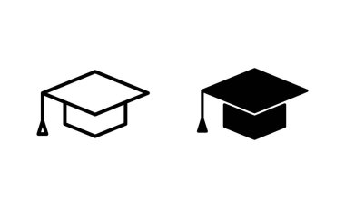 Eğitim ikonu ayarlandı. Mezuniyet şapkası işareti ve sembol. Mezun olmak. Öğrenci şapkası