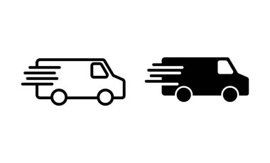 Teslimat kamyonu simgeleri ayarlandı. Teslimat kamyonu işareti ve sembol. Hızlı dağıtım simgesi gönderiliyor