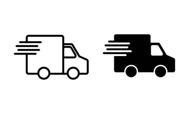 Teslimat kamyonu simgeleri ayarlandı. Teslimat kamyonu işareti ve sembol. Hızlı dağıtım simgesi gönderiliyor