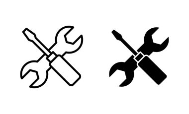 Onarım araçları simgeleri ayarlandı. araç işareti ve sembol. Simge ayarlanıyor. İngiliz anahtarı ve tornavida. Servis