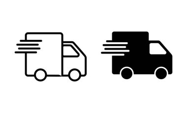 Teslimat kamyonu simgeleri ayarlandı. Teslimat kamyonu işareti ve sembol. Hızlı dağıtım simgesi gönderiliyor