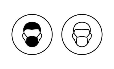 Maske simgeleri ayarlandı. Tıbbi maske işareti ve sembol. Maske ikonlu erkek yüzü. Güvenli nefes maskesi