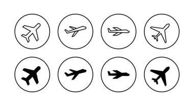 Uçak simgeleri ayarlandı. Uçak işareti ve sembol. Uçuş taşıma sembolü. Seyahat işareti. uçak.