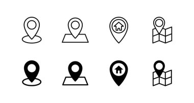 Haritalar ve iğne simgeleri ayarlandı. konum işareti ve sembol. coğrafi konum, imleç simgesi.